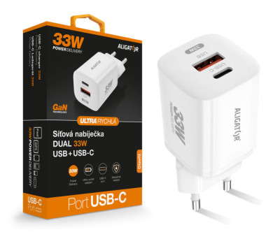 Aligator GaN DC adaptér PD 33W, USB-C + USB-A